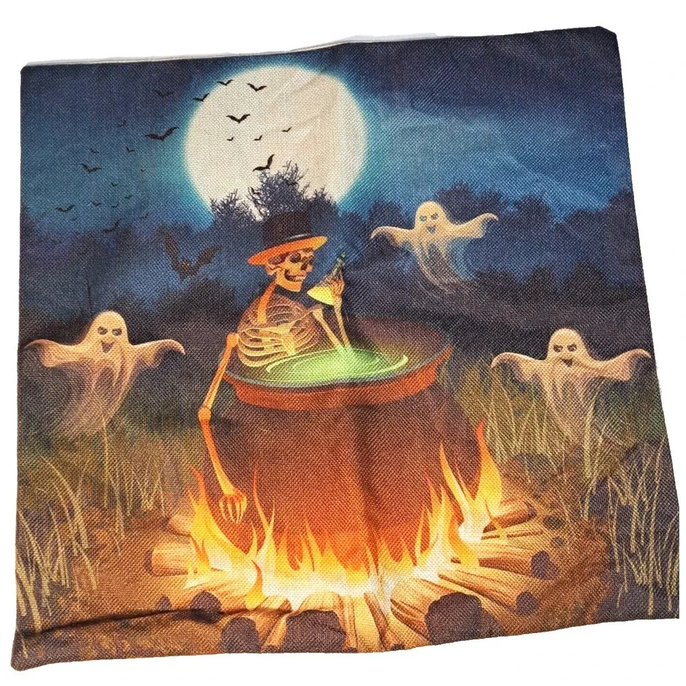 Halloween Throw Pillow Covers Set of 2 Skeleton Cauldron Pumpkin Scarecrow 16x16